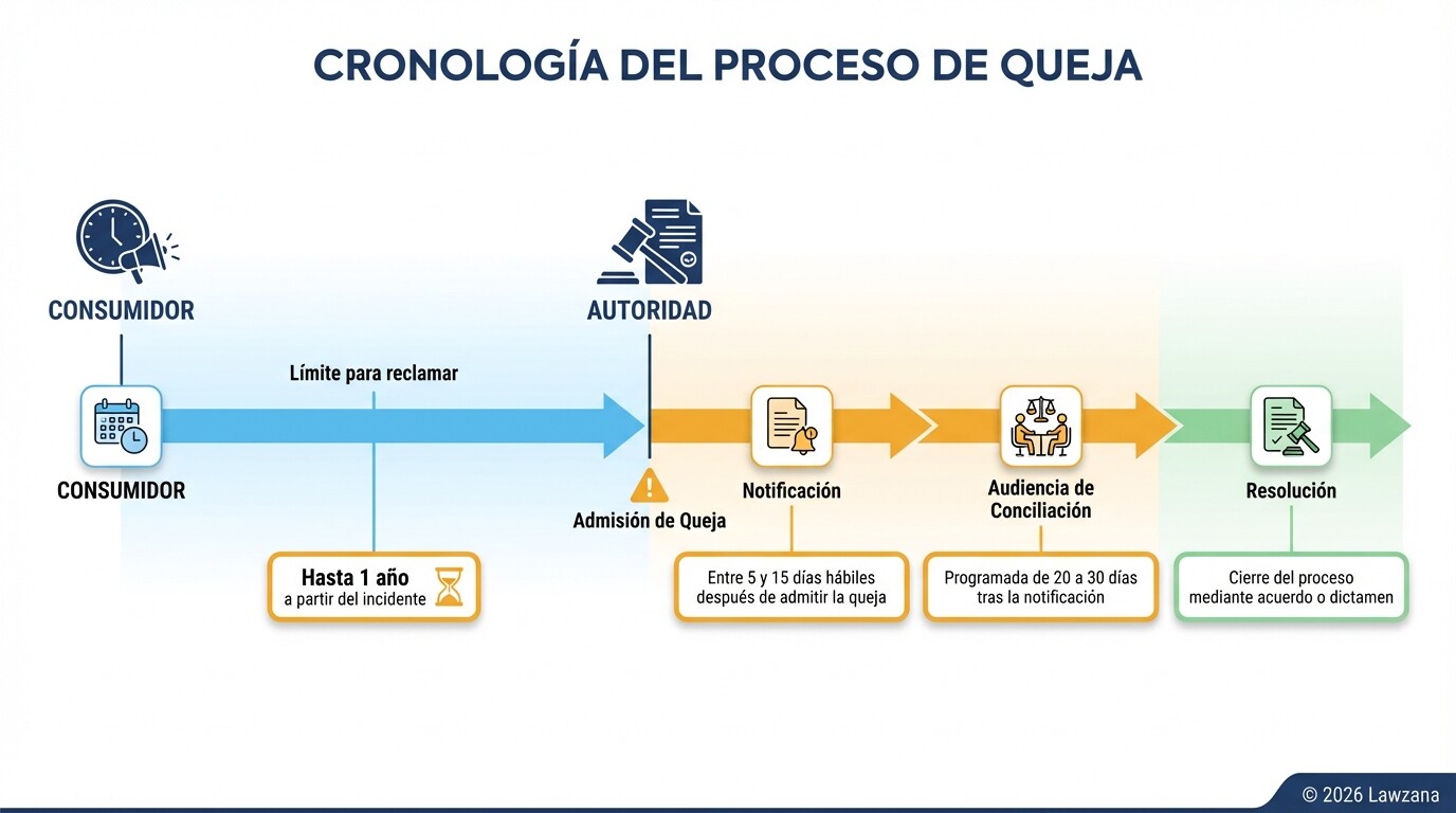 Línea de tiempo de los plazos legales y etapas del proceso de queja ante PROFECO.