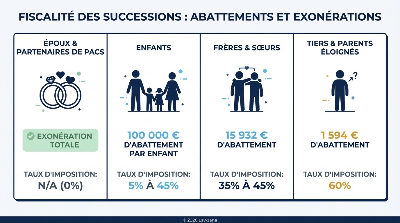 Graphique comparatif des abattements fiscaux et droits de succession selon le lien de parenté en France.