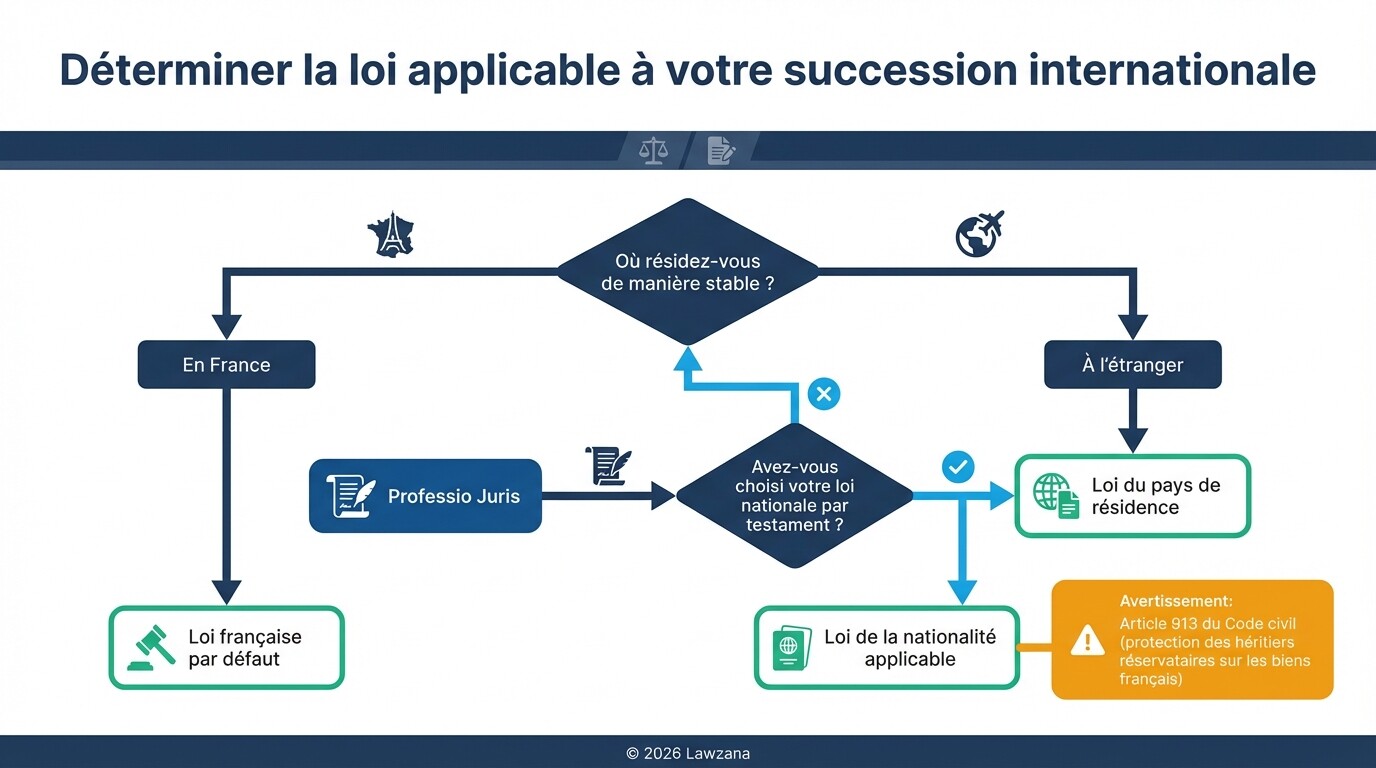 Logigramme expliquant le choix entre loi de résidence habituelle et loi nationale pour une succession.
