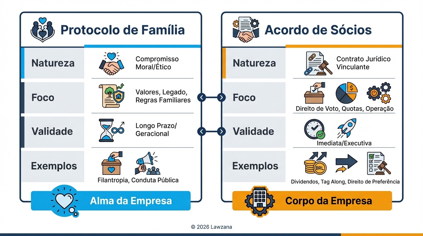 Tabela comparativa entre Protocolo de Família e Acordo de Sócios em governança familiar.