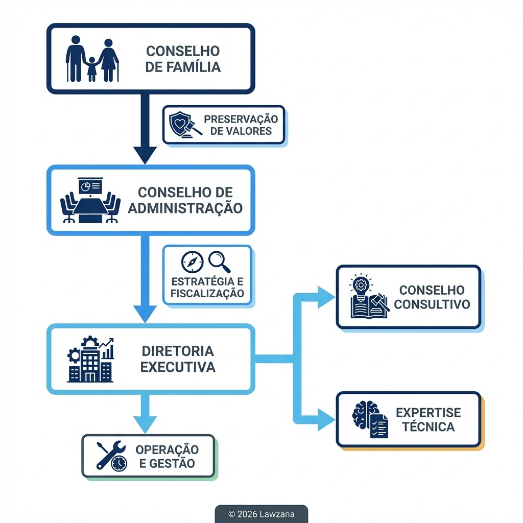 Diagrama da estrutura de governança separando conselhos de família, administração e diretoria.