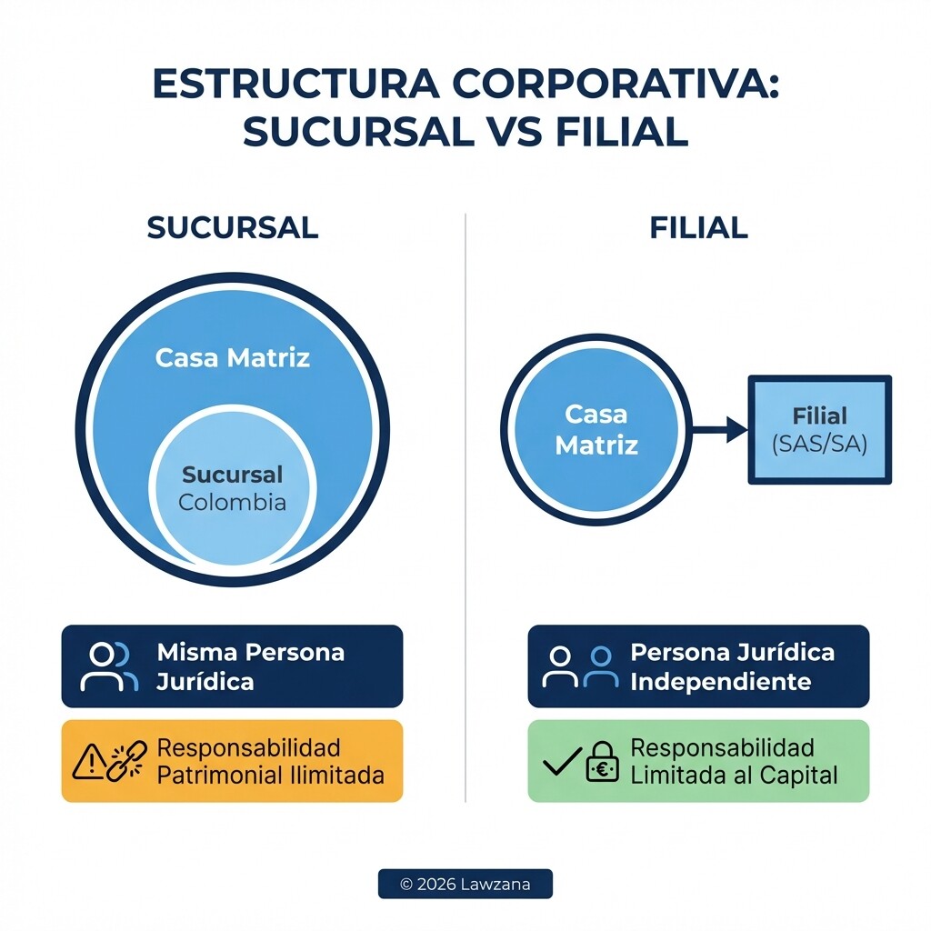 Diagrama comparativo de la estructura legal de una sucursal frente a una filial en Colombia.