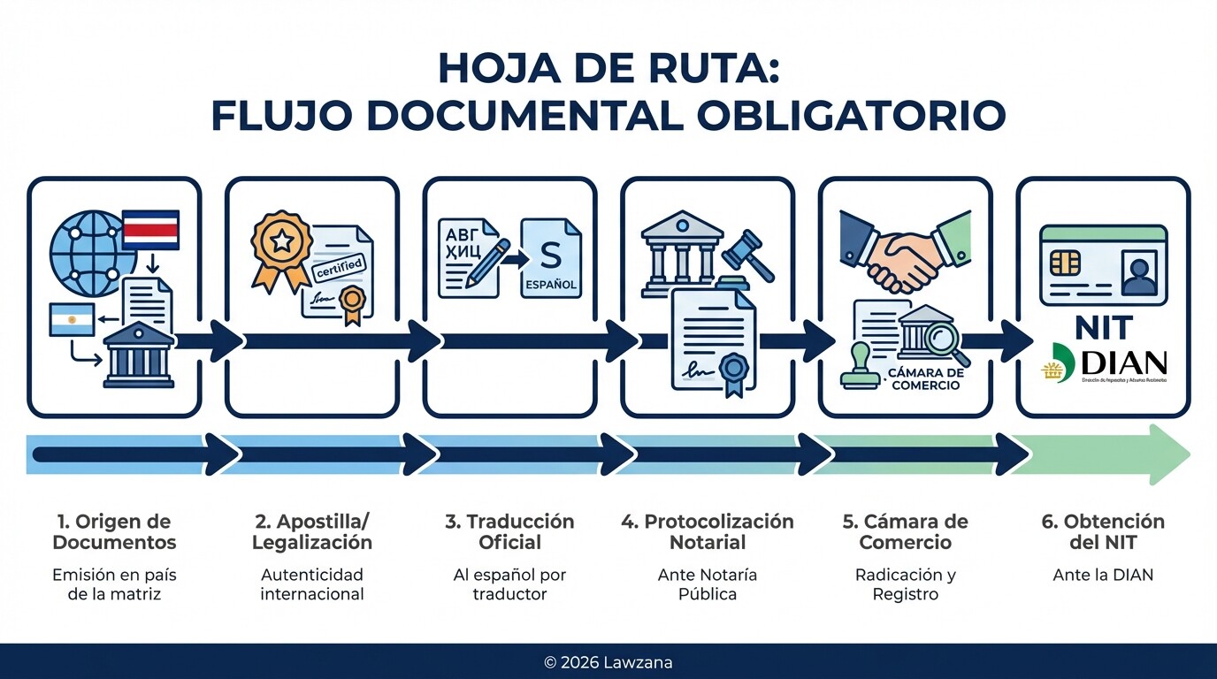 Infografía del proceso paso a paso para el registro de documentos de una sucursal extranjera.