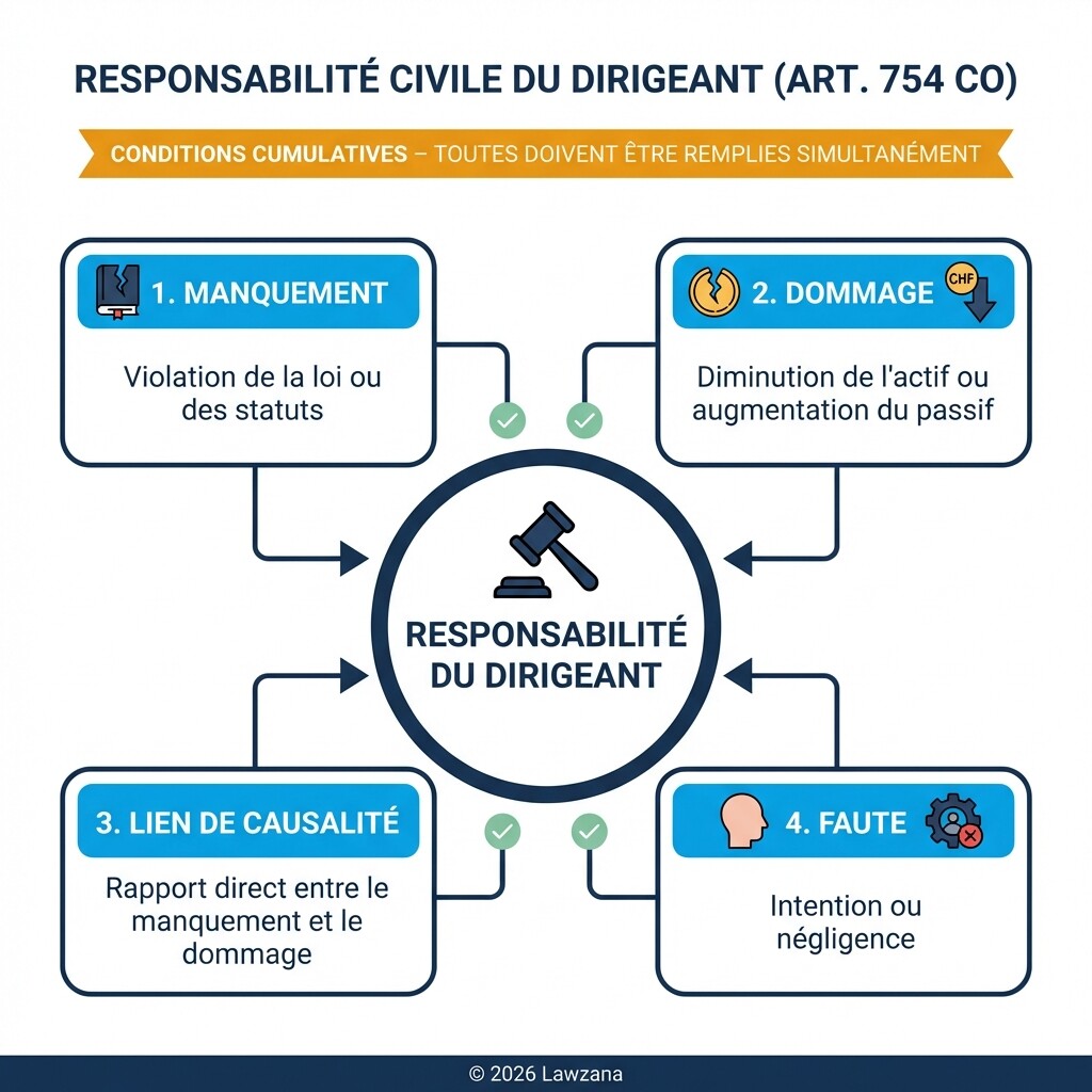 Schéma des 4 conditions cumulatives de la responsabilité des dirigeants (Art. 754 CO)