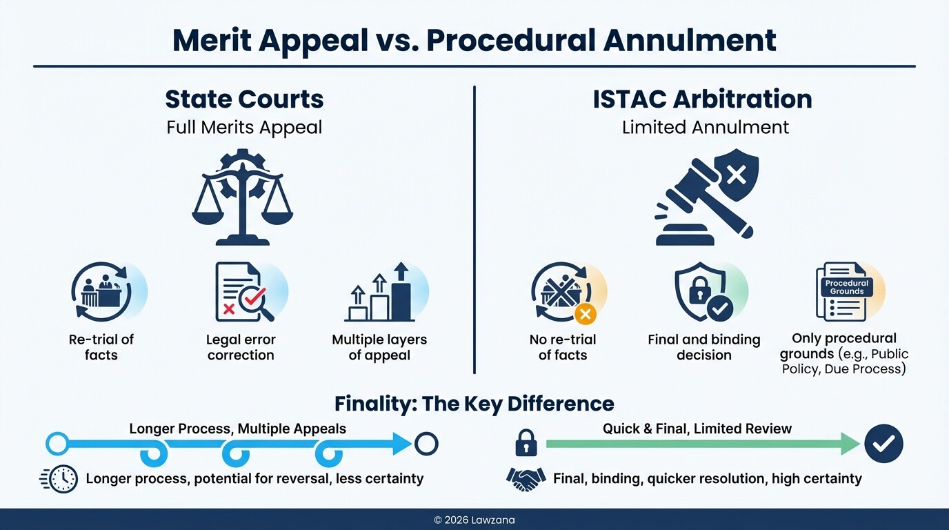 Comparison chart showing the differences between state court appeals and arbitration annulment.