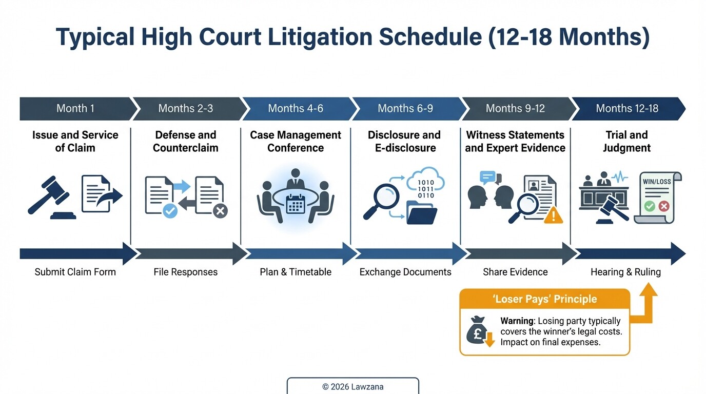 Timeline showing the 18-month process of a High Court commercial litigation claim in the UK.