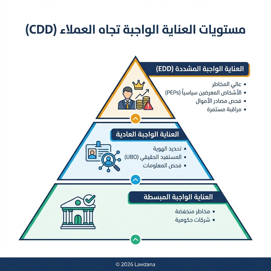 إنفوجرافيك يوضح مستويات العناية الواجبة تجاه العملاء (المبسطة، العادية، والمشددة) في القانون الإماراتي