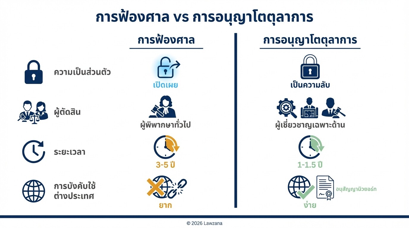 อินโฟกราฟิกเปรียบเทียบความแตกต่างระหว่างการฟ้องร้องต่อศาลกับการอนุญาโตตุลาการ