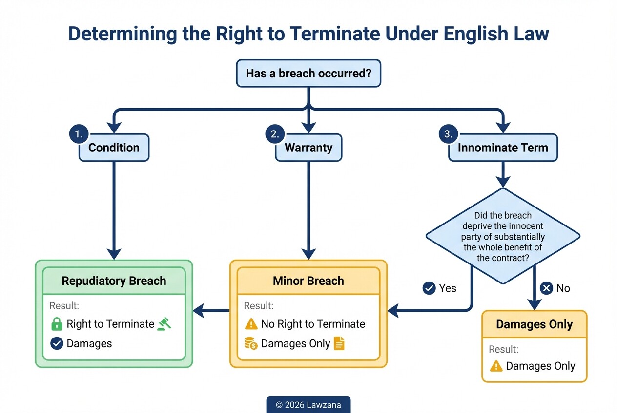 A flowchart showing how to determine if a contract breach allows for termination under UK law.