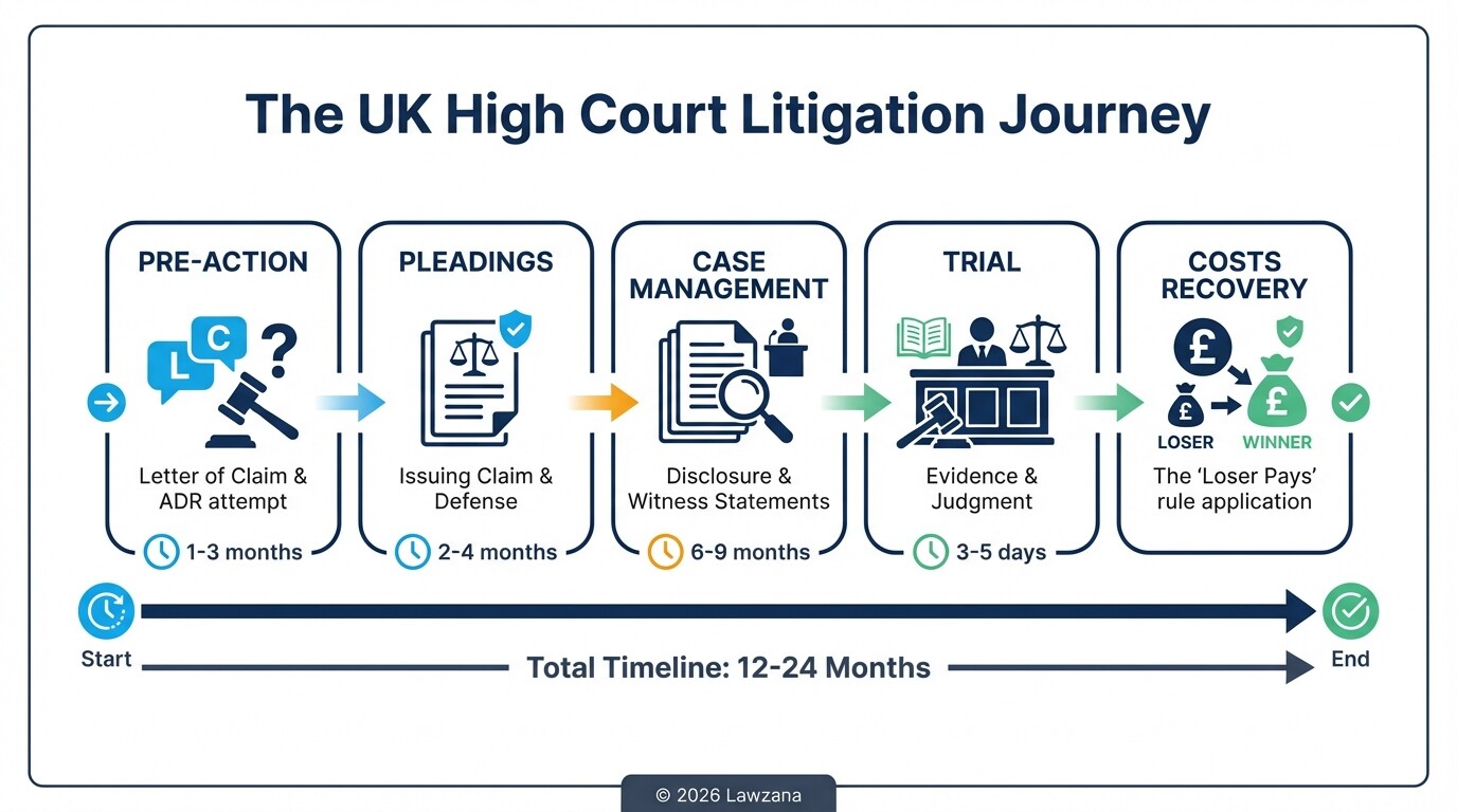 Infographic timeline of the commercial litigation process in the UK High Court.