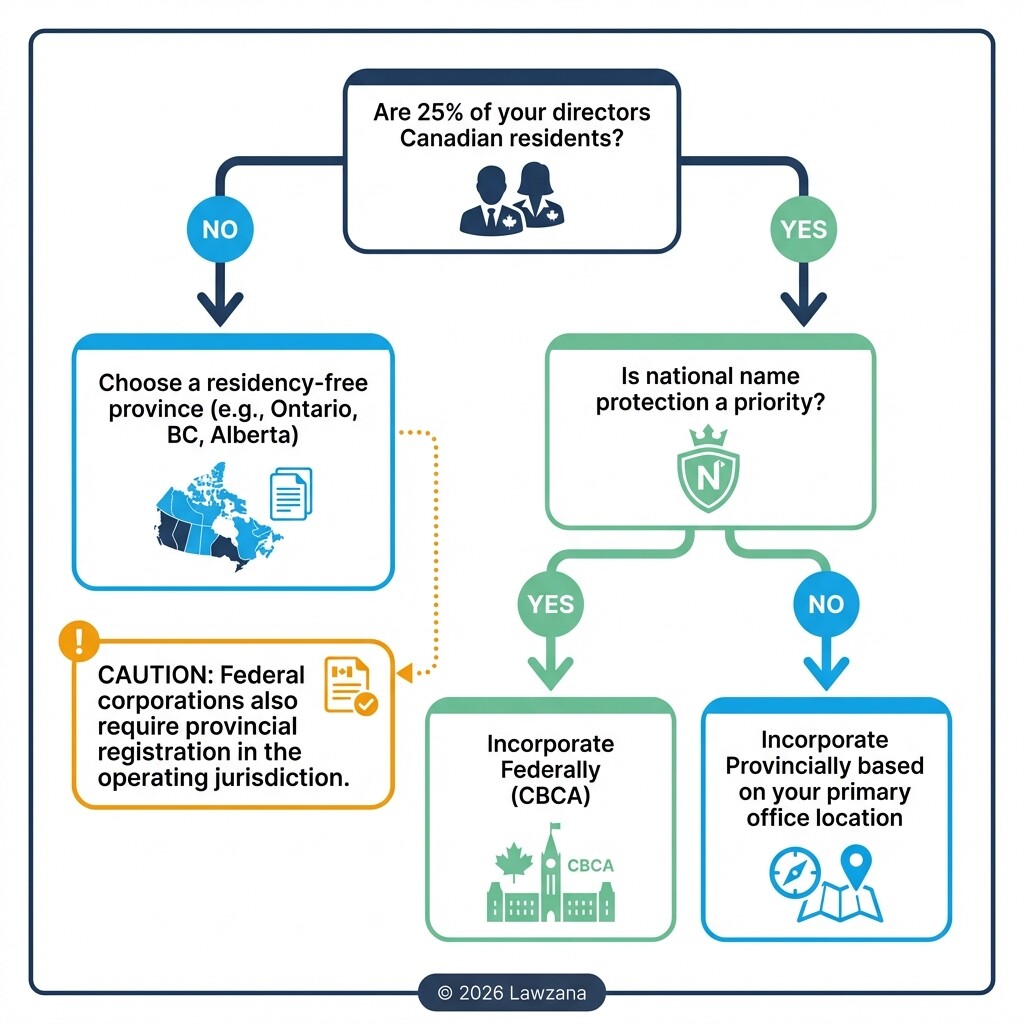 Decision flowchart for choosing federal or provincial business incorporation in Canada.