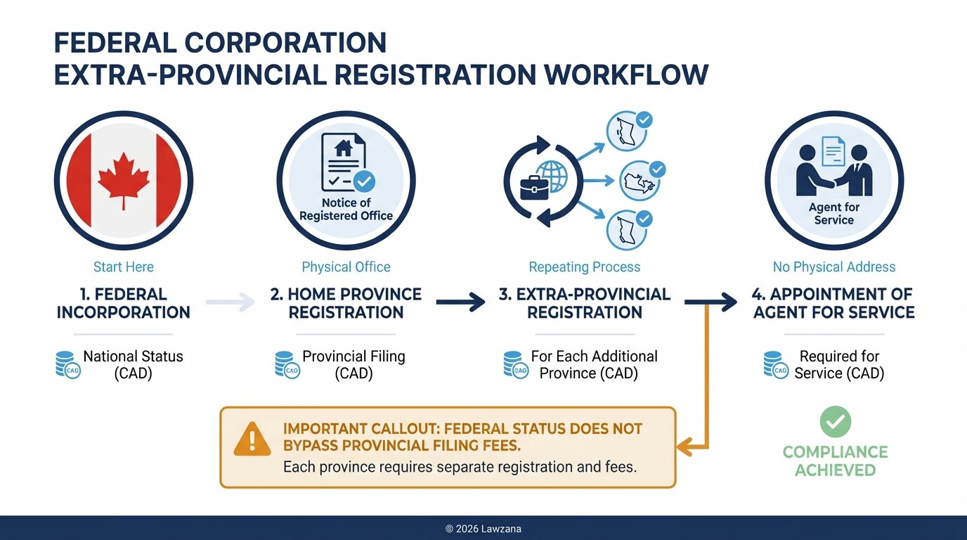 Infographic showing the steps for extra-provincial registration of a federal corporation.