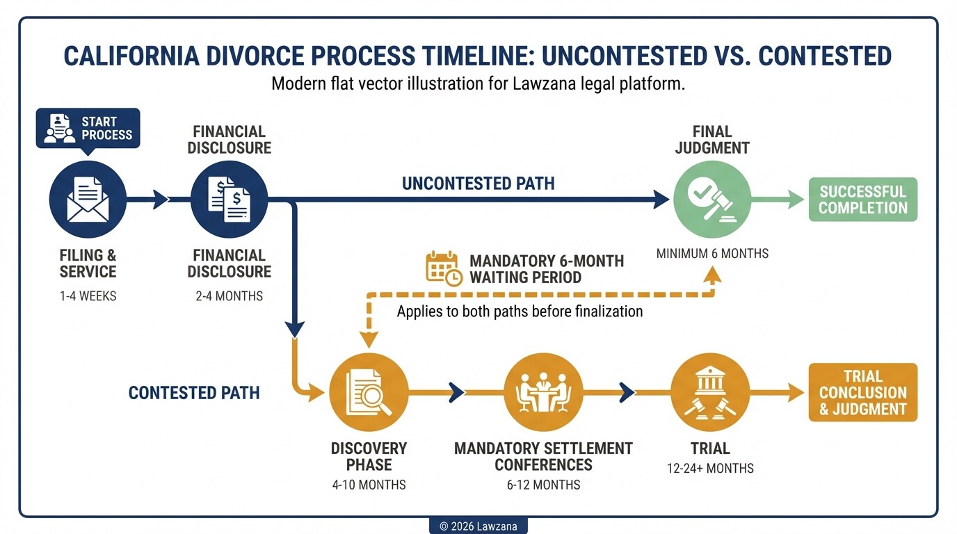 Timeline comparing California contested and uncontested divorce processes and durations.