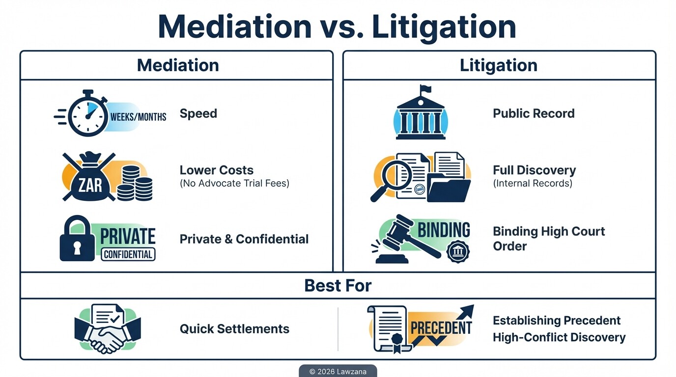 Comparison chart of Mediation vs Litigation for healthcare disputes in South Africa