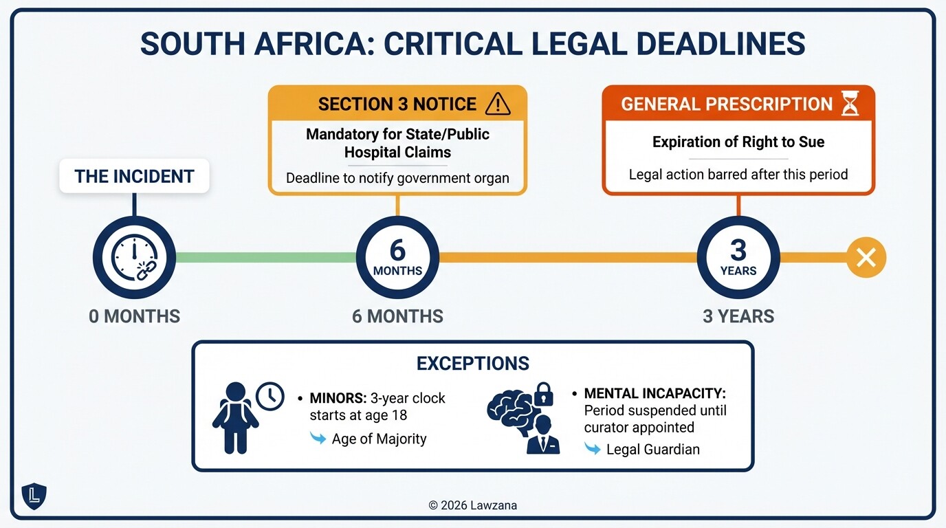 Timeline of medical malpractice filing deadlines and prescription periods in South Africa