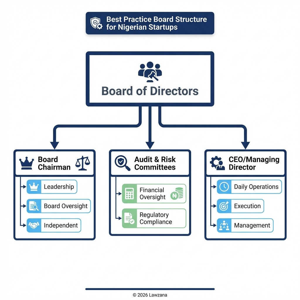 Diagram showing the separation of roles between Board Chairman and CEO in a Nigerian startup.