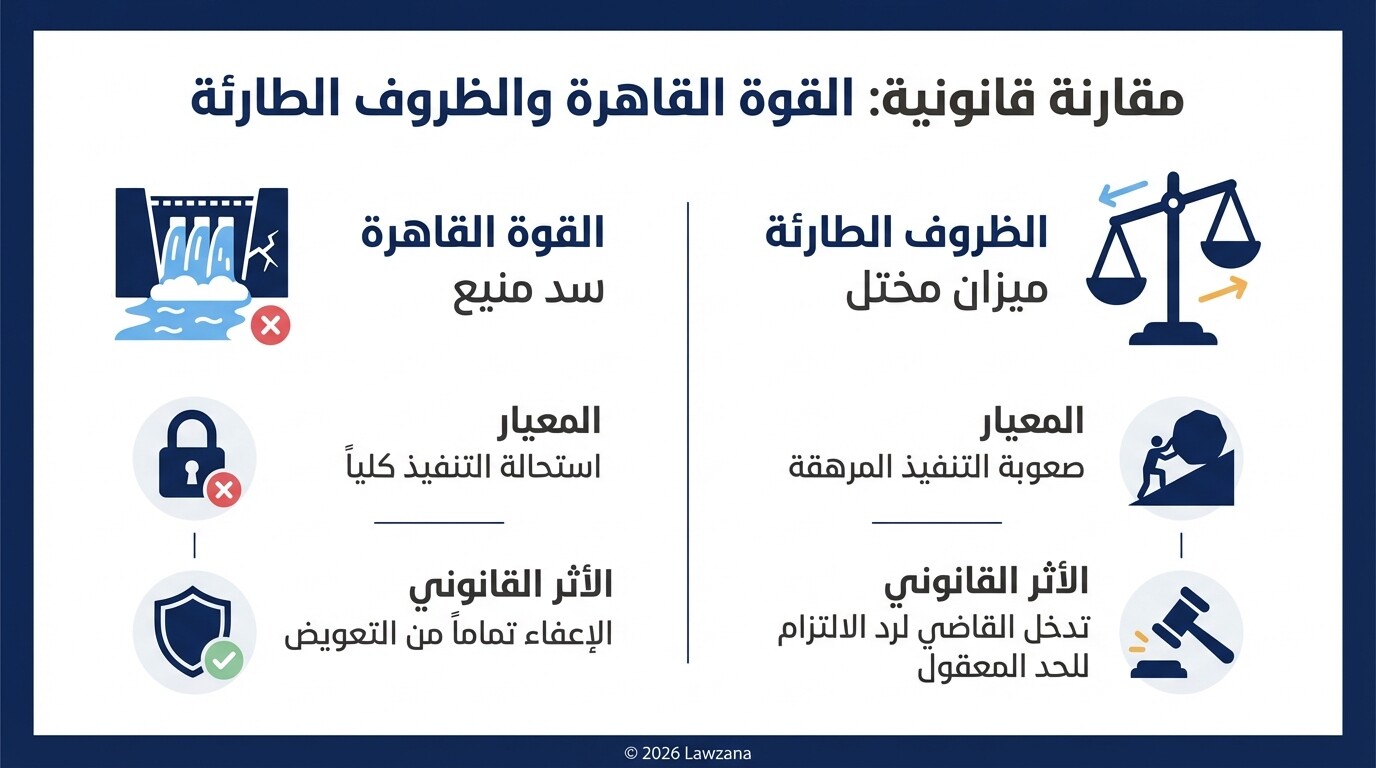 انفوجرافيك يوضح الفرق بين القوة القاهرة والظروف الطارئة في القانون المصري
