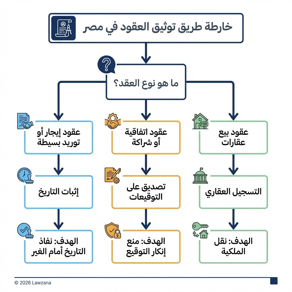 مخطط يوضح أنواع توثيق العقود التجارية في الشهر العقاري المصري والهدف من كل نوع