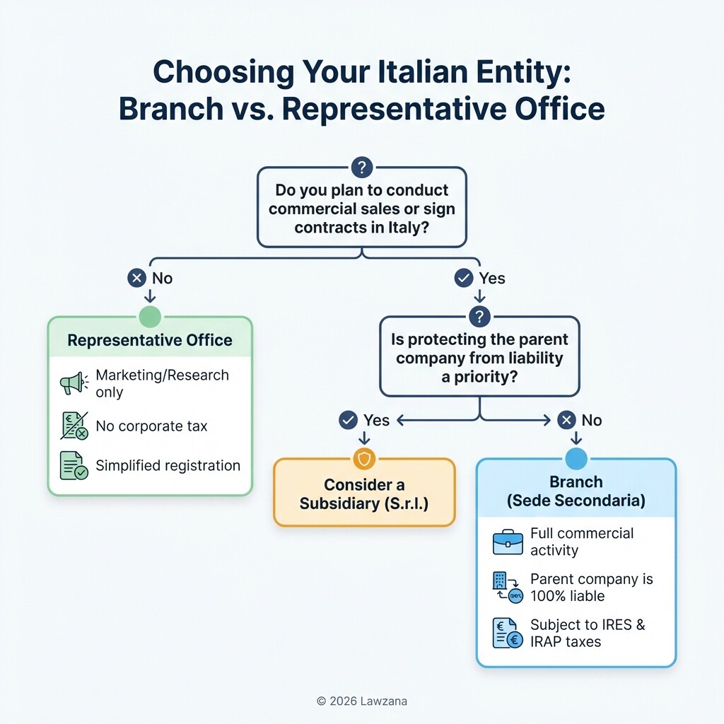 Decision tree diagram for choosing between an Italian Representative Office or a Branch.