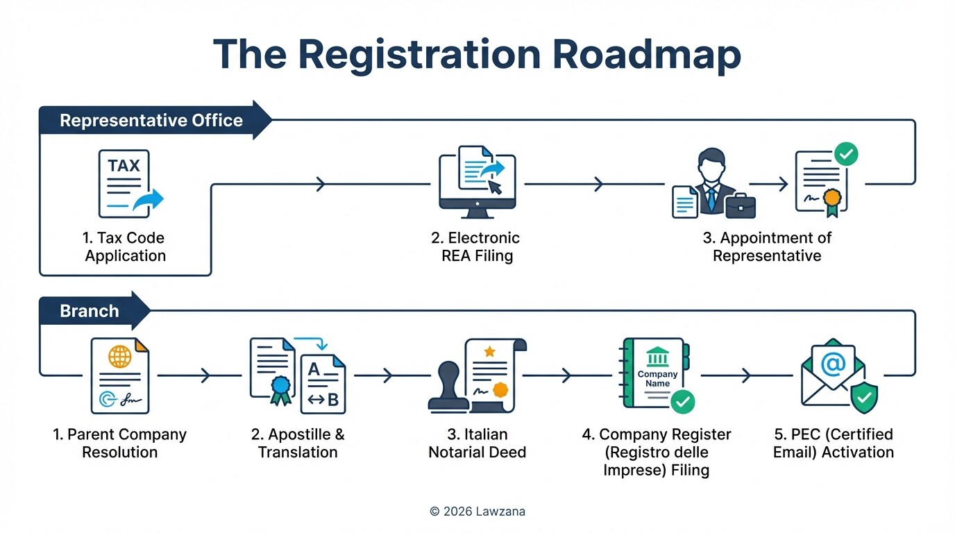 Infographic showing the registration steps for an Italian Branch and a Representative Office.