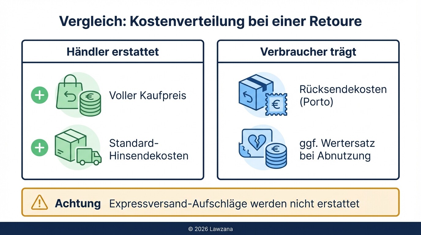 Infografik zur Kostenverteilung bei der Rücksendung: Wer zahlt Hinsendekosten und Rücksendekosten?