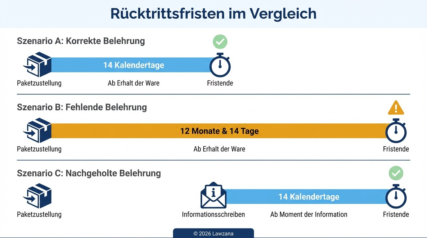 Vergleich der Rücktrittsfristen bei korrekter versus fehlender Widerrufsbelehrung