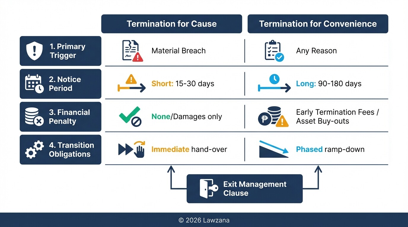 Comparison chart of Termination for Cause vs. Termination for Convenience in BPO agreements.
