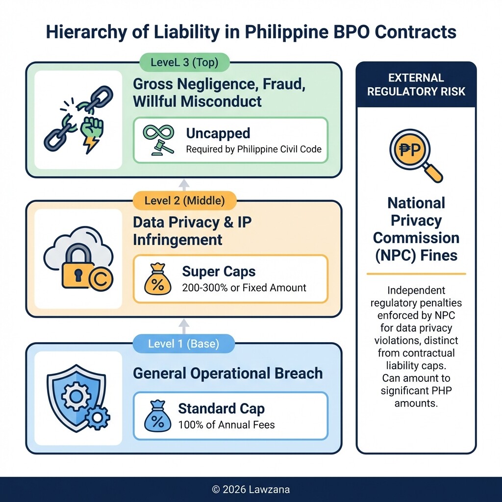 Hierarchy of liability caps in Philippine BPO contracts showing general, super, and uncapped tiers.