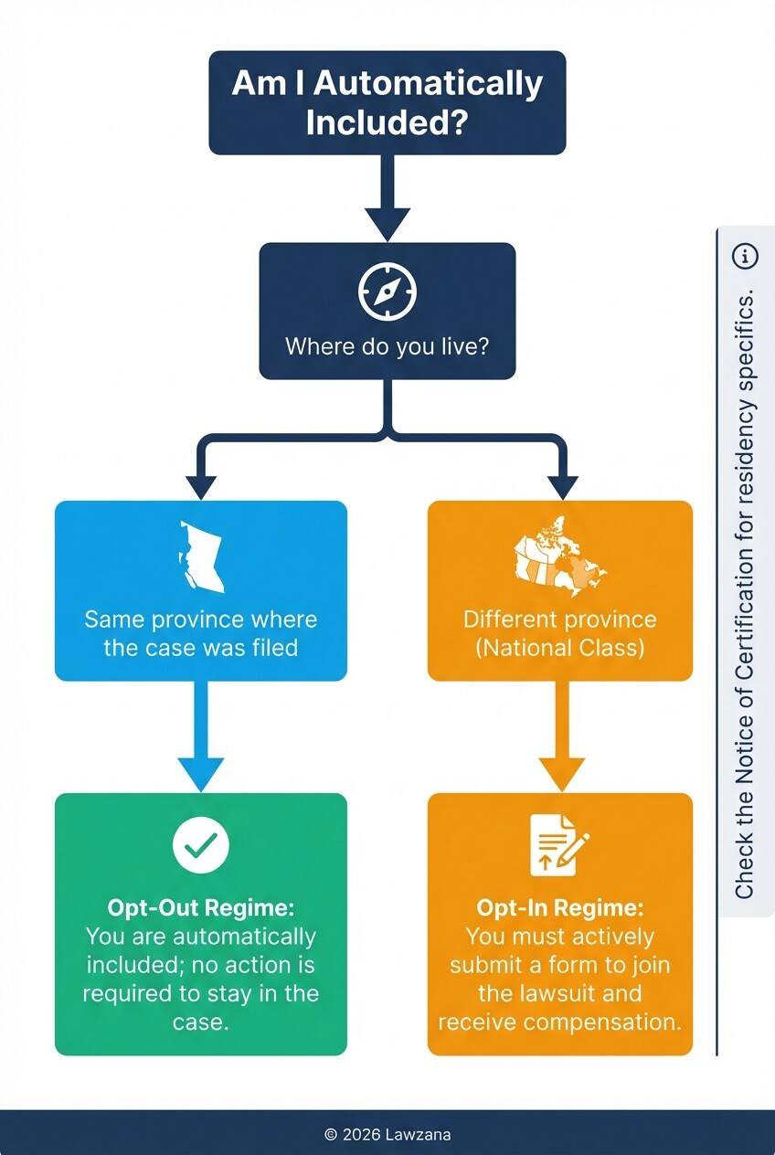 A decision tree diagram explaining Canadian opt-in vs opt-out class action residency rules.