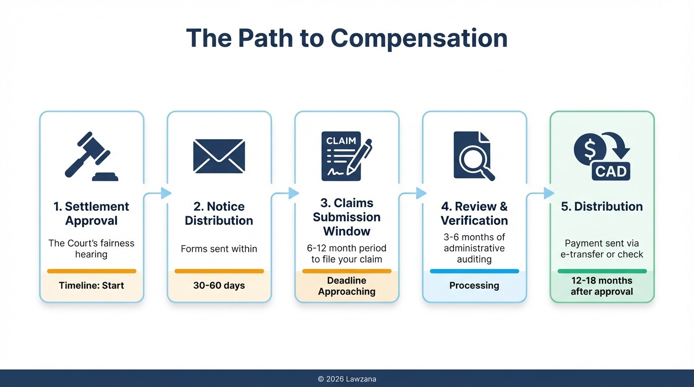 Infographic showing the 5 stages and timelines of a privacy class action settlement process.