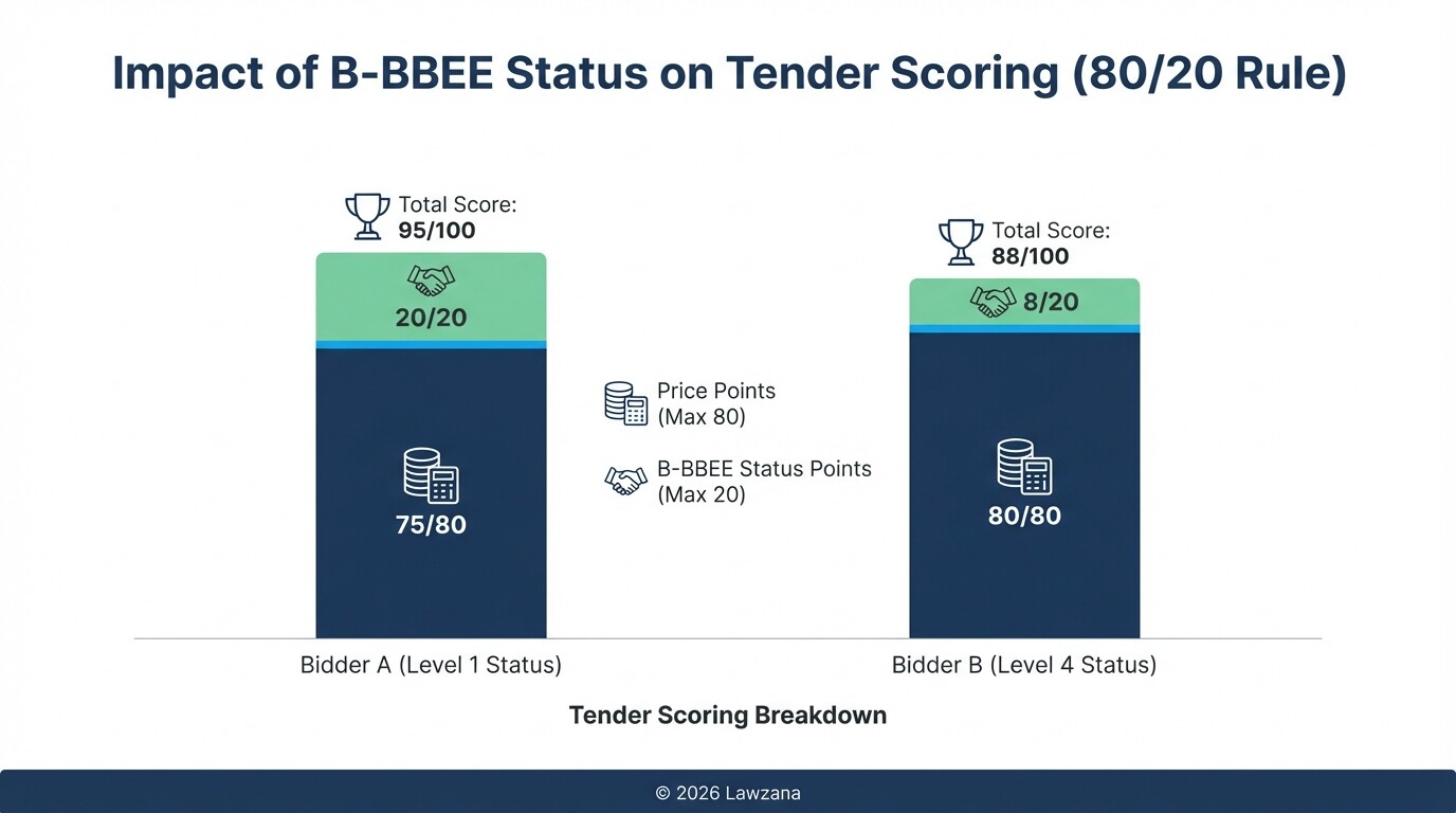Comparison chart showing how B-BBEE levels affect tender points in South Africa