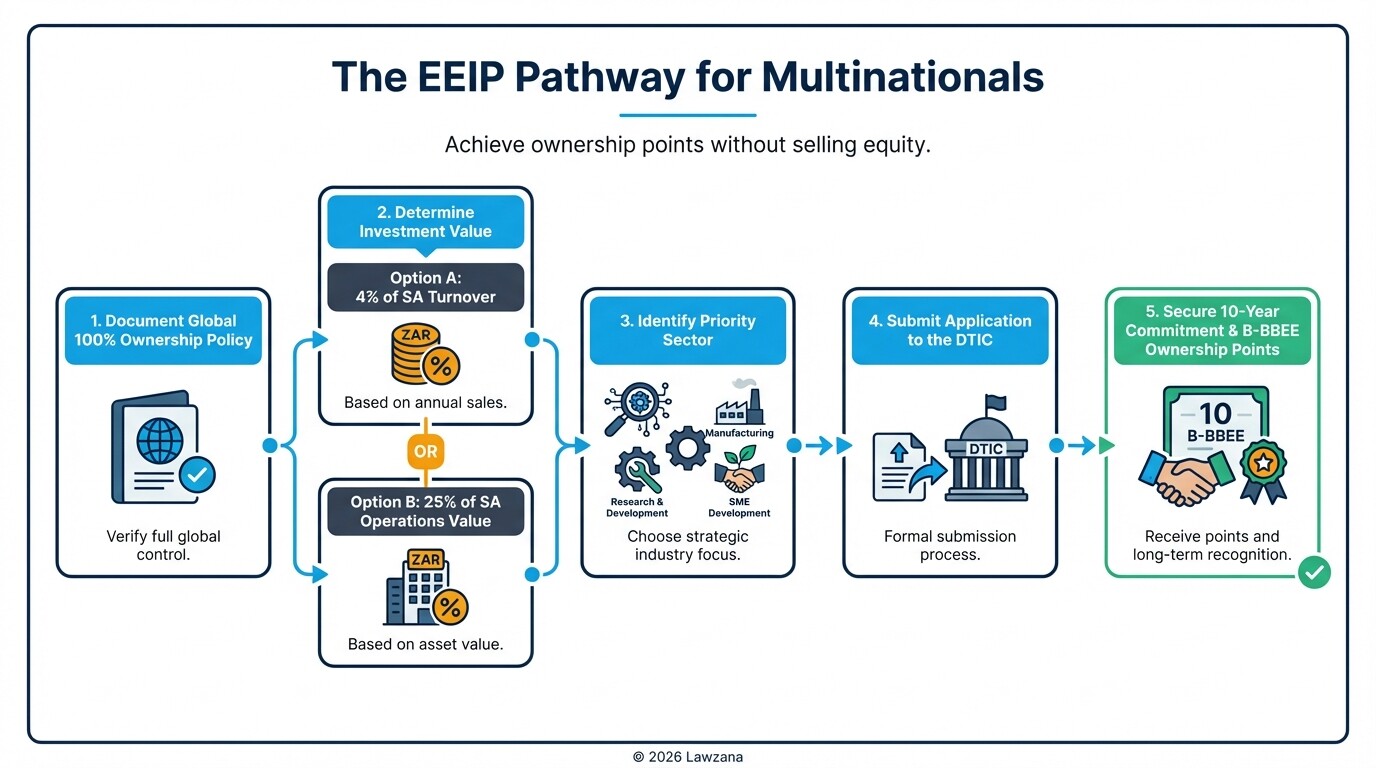 Flowchart showing the Equity Equivalence Investment Program process for international firms