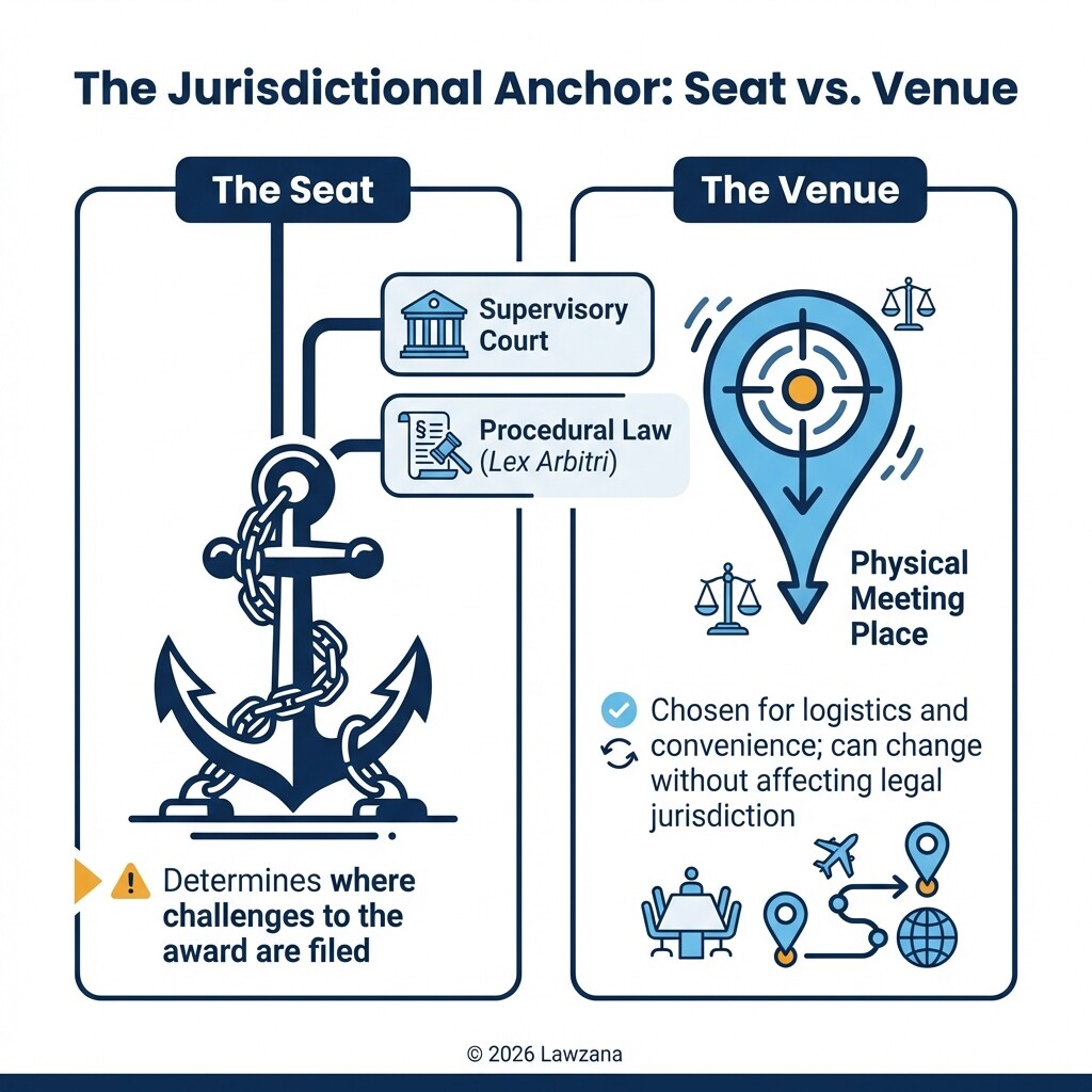Diagram showing the legal difference between Seat and Venue in Indian arbitration law