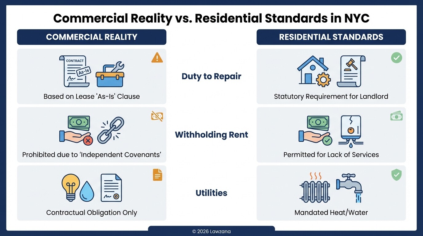 Comparison chart of commercial versus residential tenant rights in New York City.