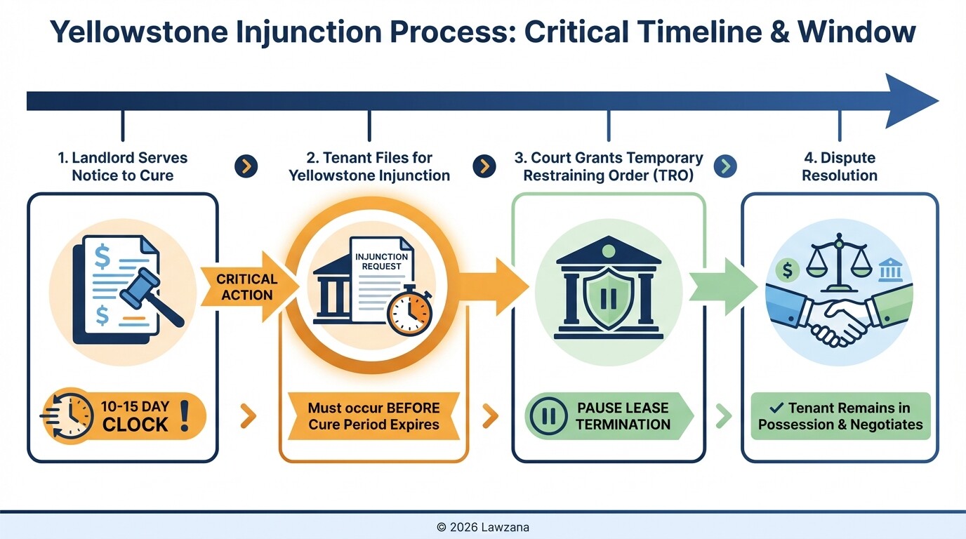 Timeline of the Yellowstone Injunction process for NYC commercial tenants.