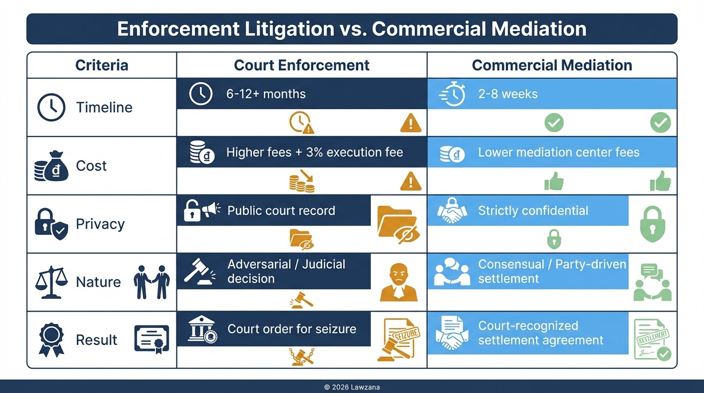 Comparison chart showing differences between arbitration enforcement and commercial mediation in Vietnam