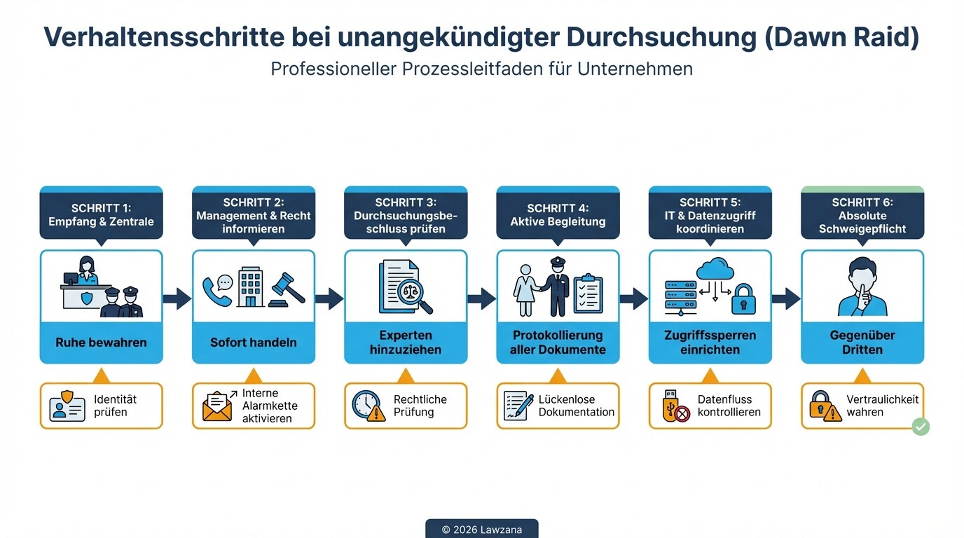 Checkliste und Ablaufplan für das richtige Verhalten bei einer Dawn Raid (Kartellamts-Durchsuchung)