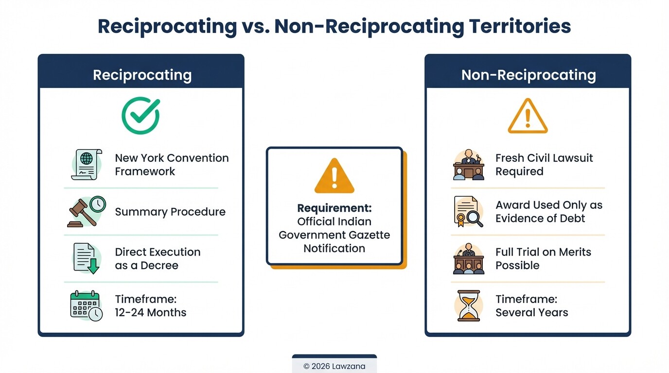 Comparison diagram of enforcement routes for reciprocating vs non-reciprocating territories.