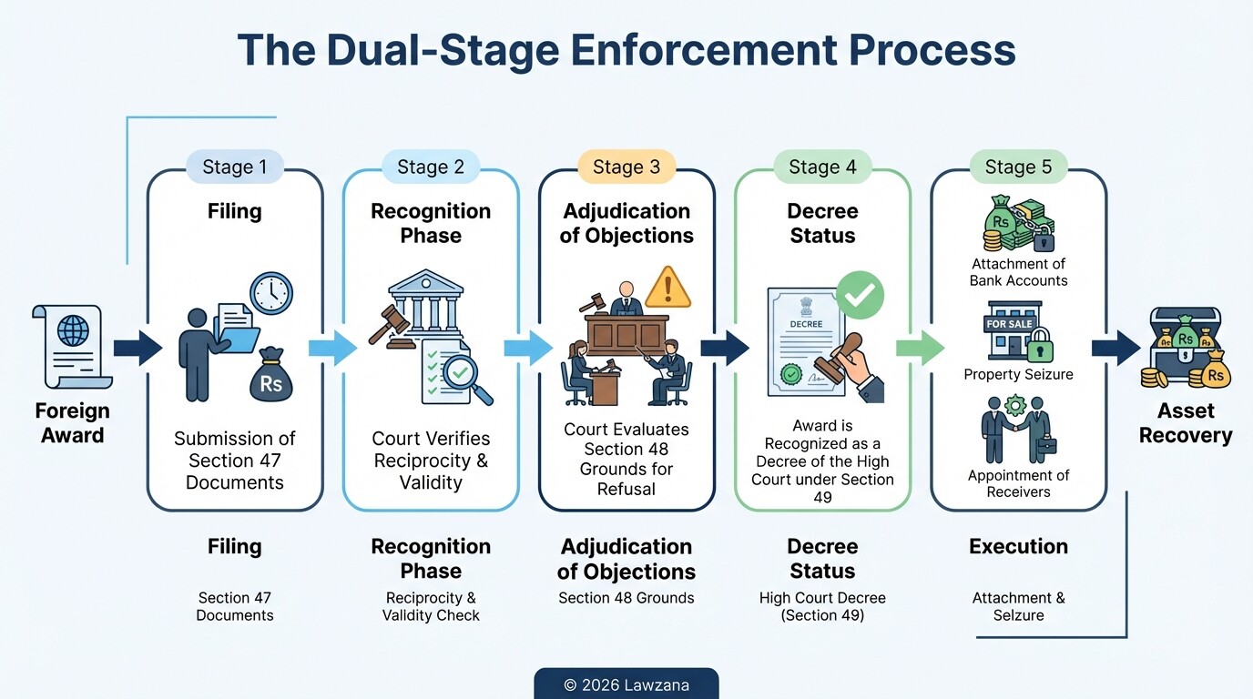 A 5-step infographic showing the legal process from filing to asset recovery in India.