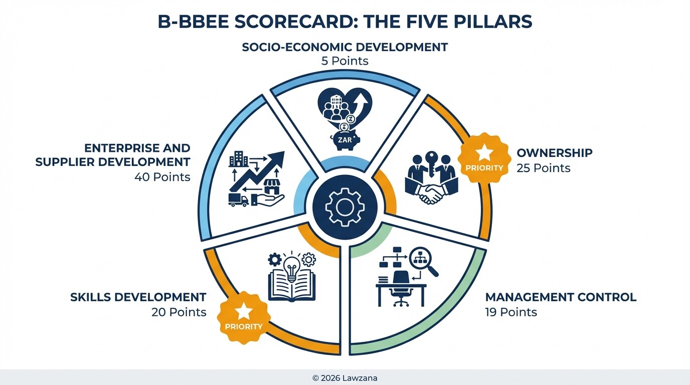 Infographic showing the five elements of the B-BBEE scorecard and their point values