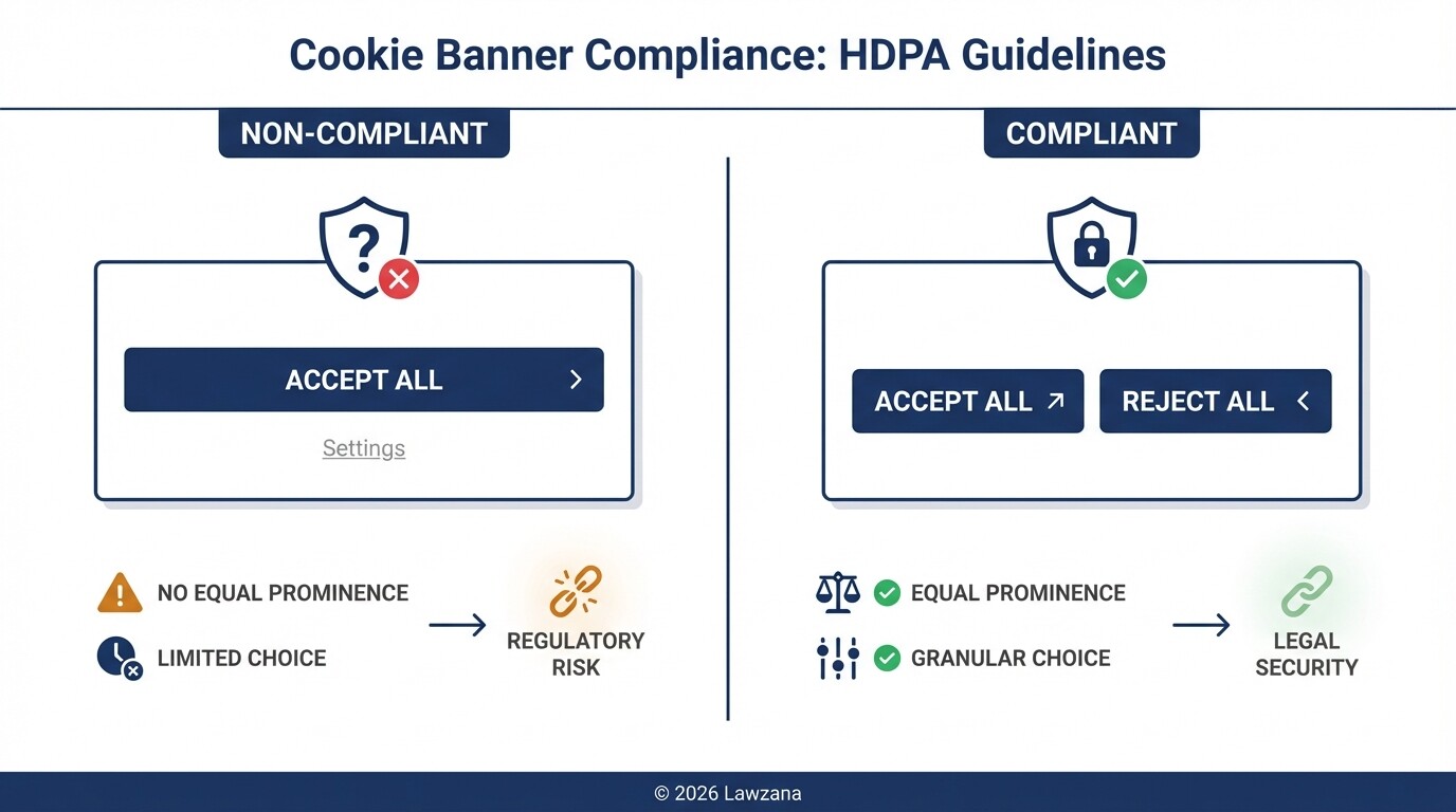 Comparison of non-compliant vs HDPA-compliant cookie banners with equal Accept and Reject buttons