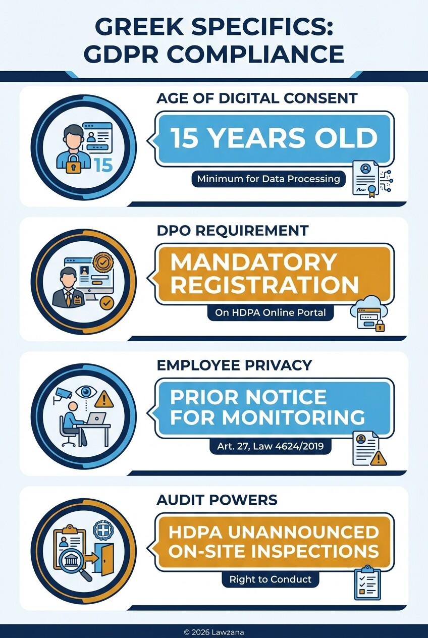 Infographic showing 4 unique local GDPR requirements under Greek Law 4624/2019