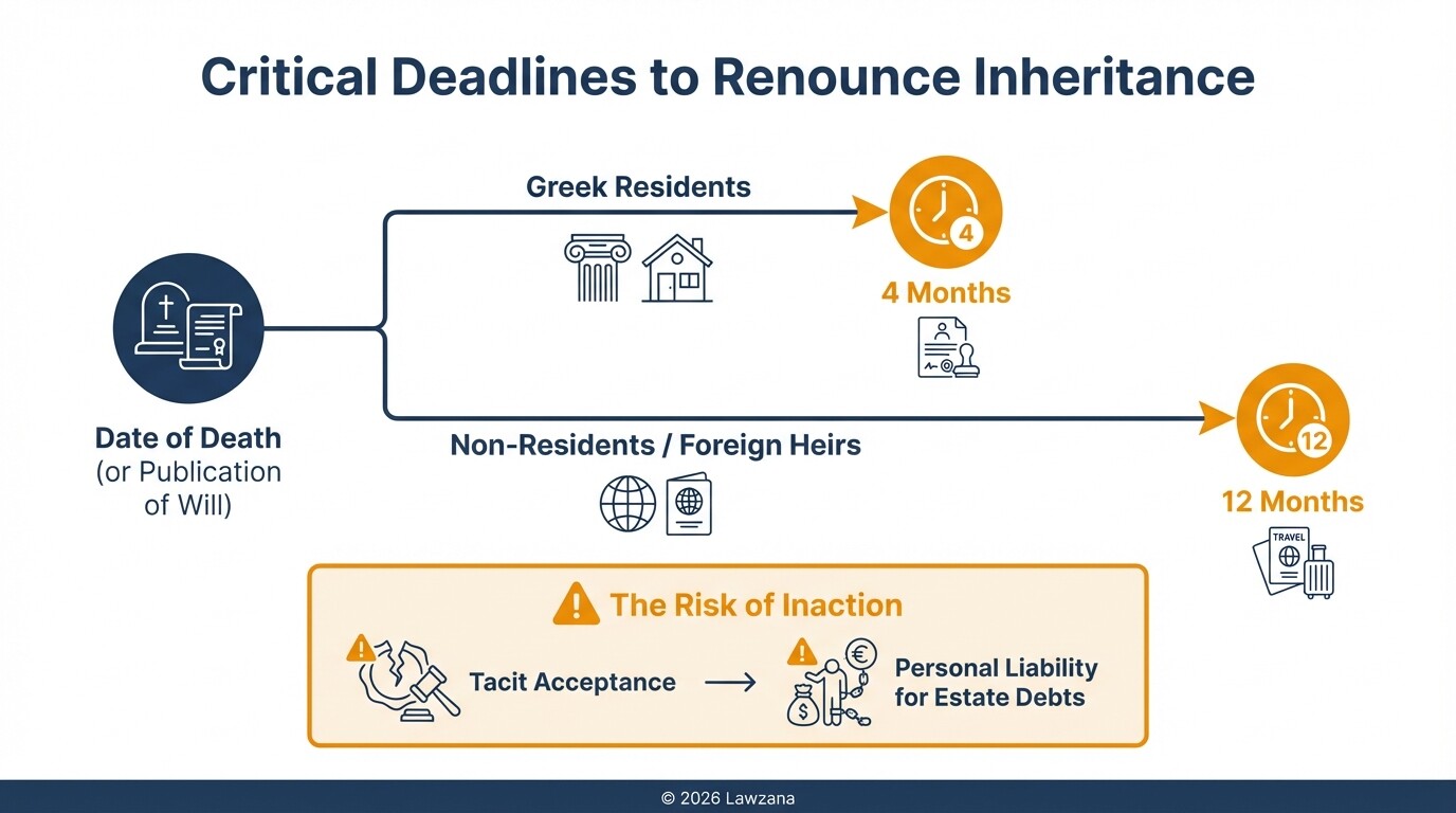 A comparison timeline of the 4-month and 12-month deadlines to renounce inheritance in Greece.