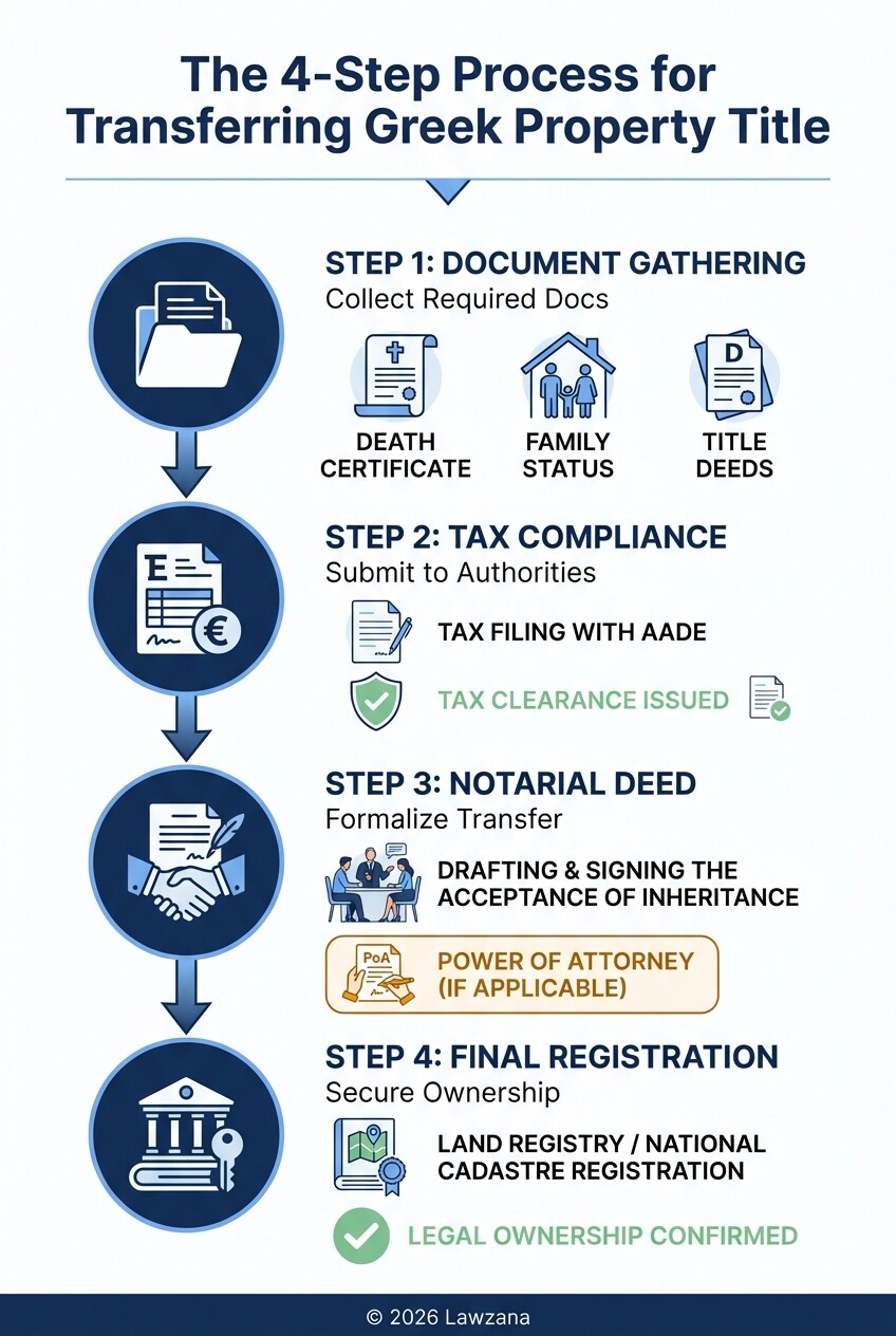 Infographic showing the 4 steps to transfer property ownership through Greek inheritance law.