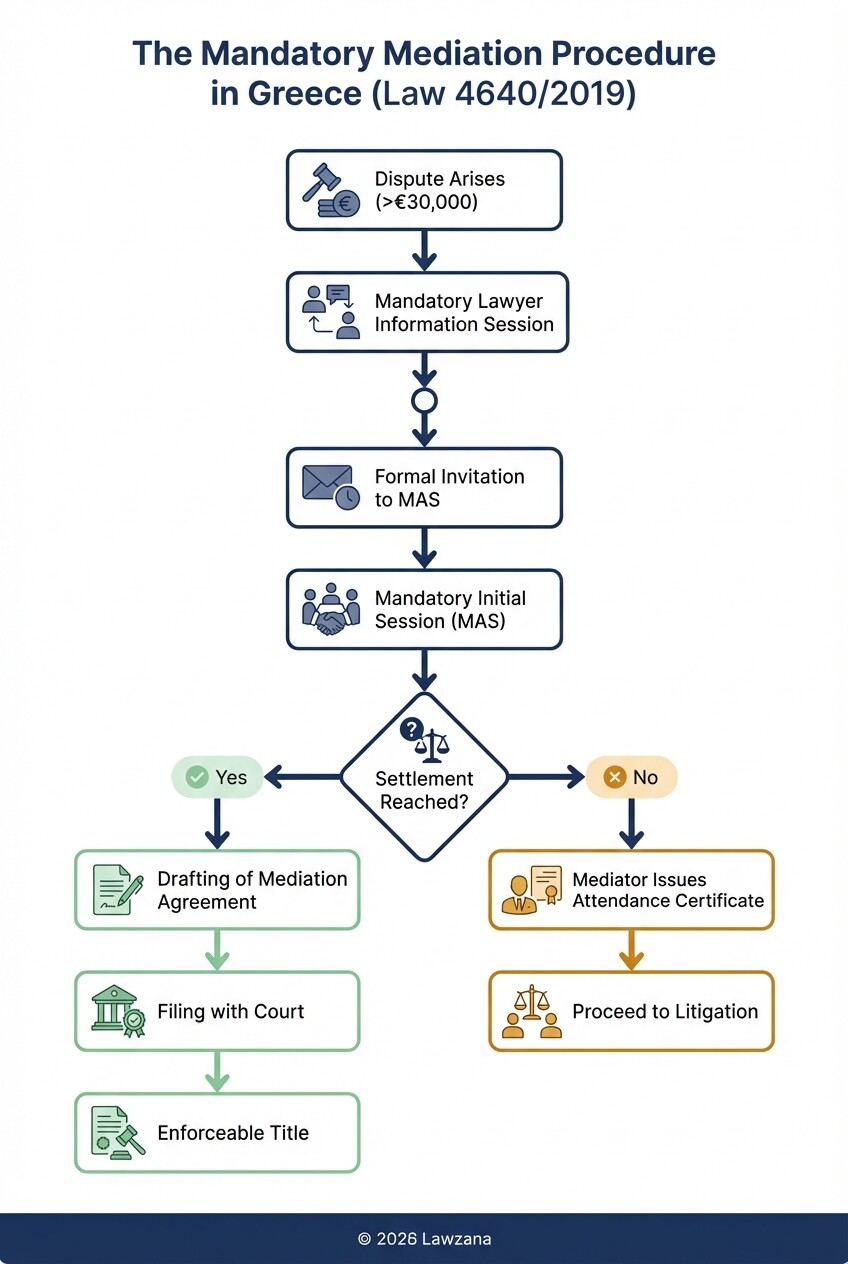 Flowchart of the mandatory mediation process for Greek commercial disputes over 30,000 Euros