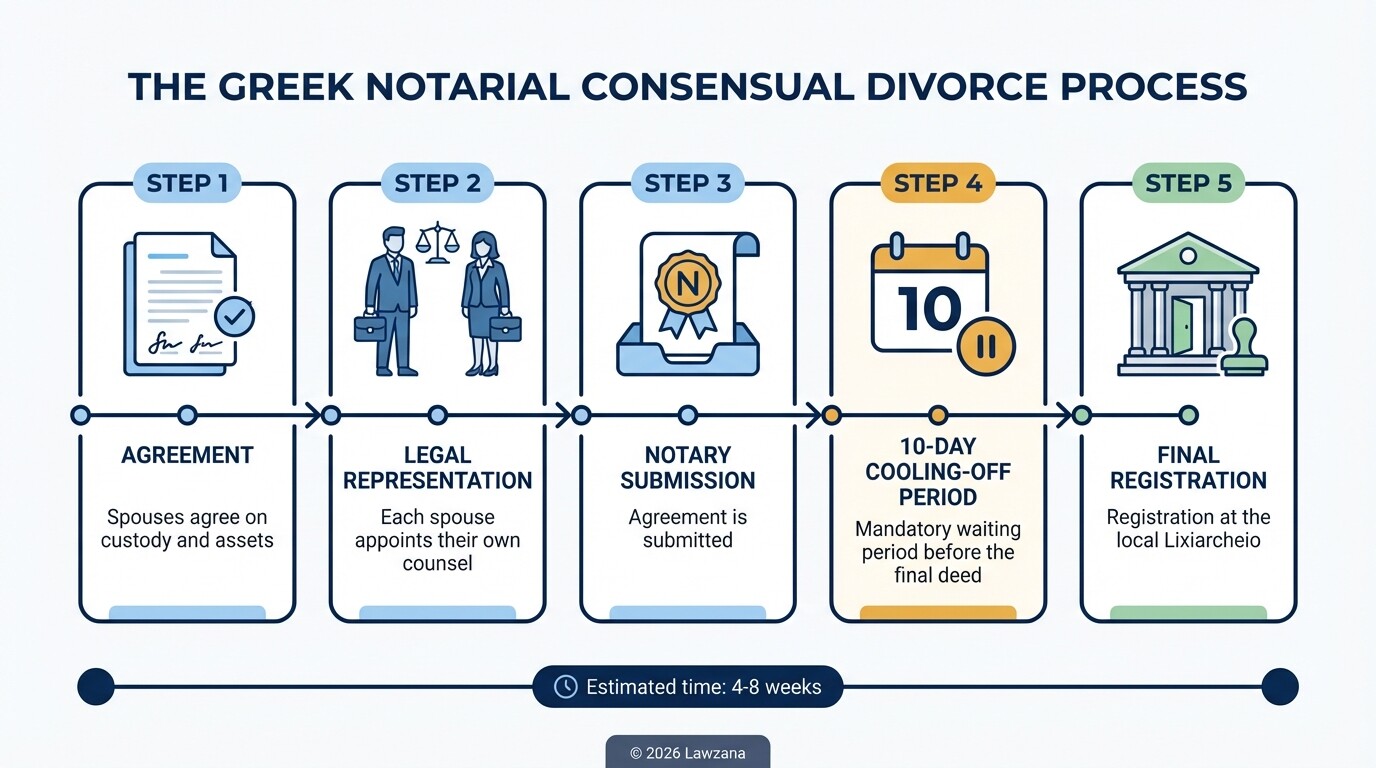 Infographic showing the 5-step procedure for a consensual notarial divorce in Greece.