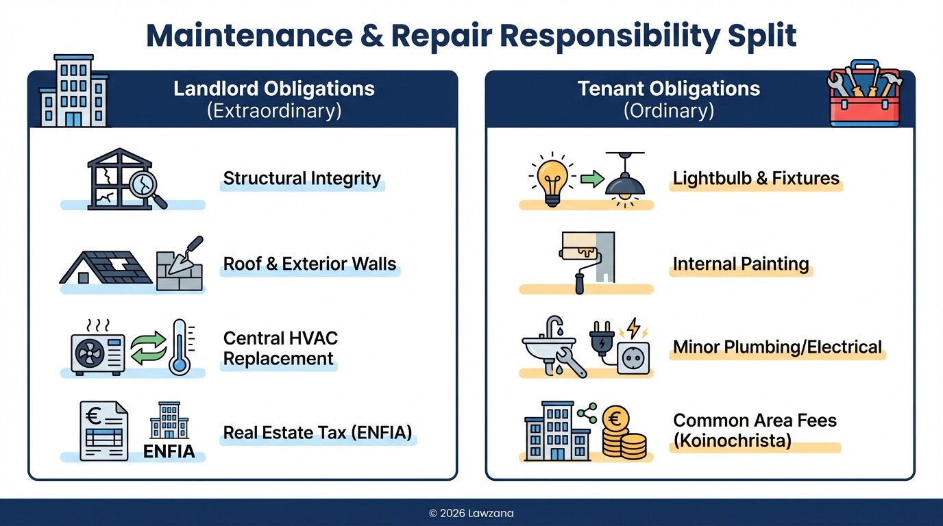 Comparison chart of landlord and tenant maintenance duties under Greek commercial leasing law.