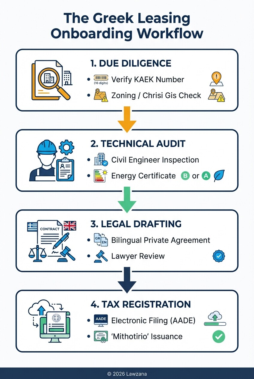 Infographic showing the 4-step workflow for securing a commercial lease in Greece.