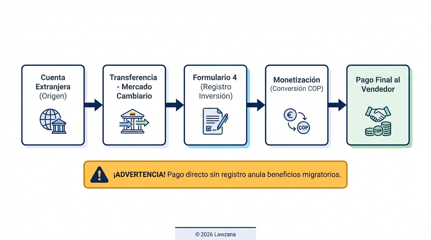 Diagrama del proceso legal para registrar inversión extranjera y canalizar divisas en Colombia.