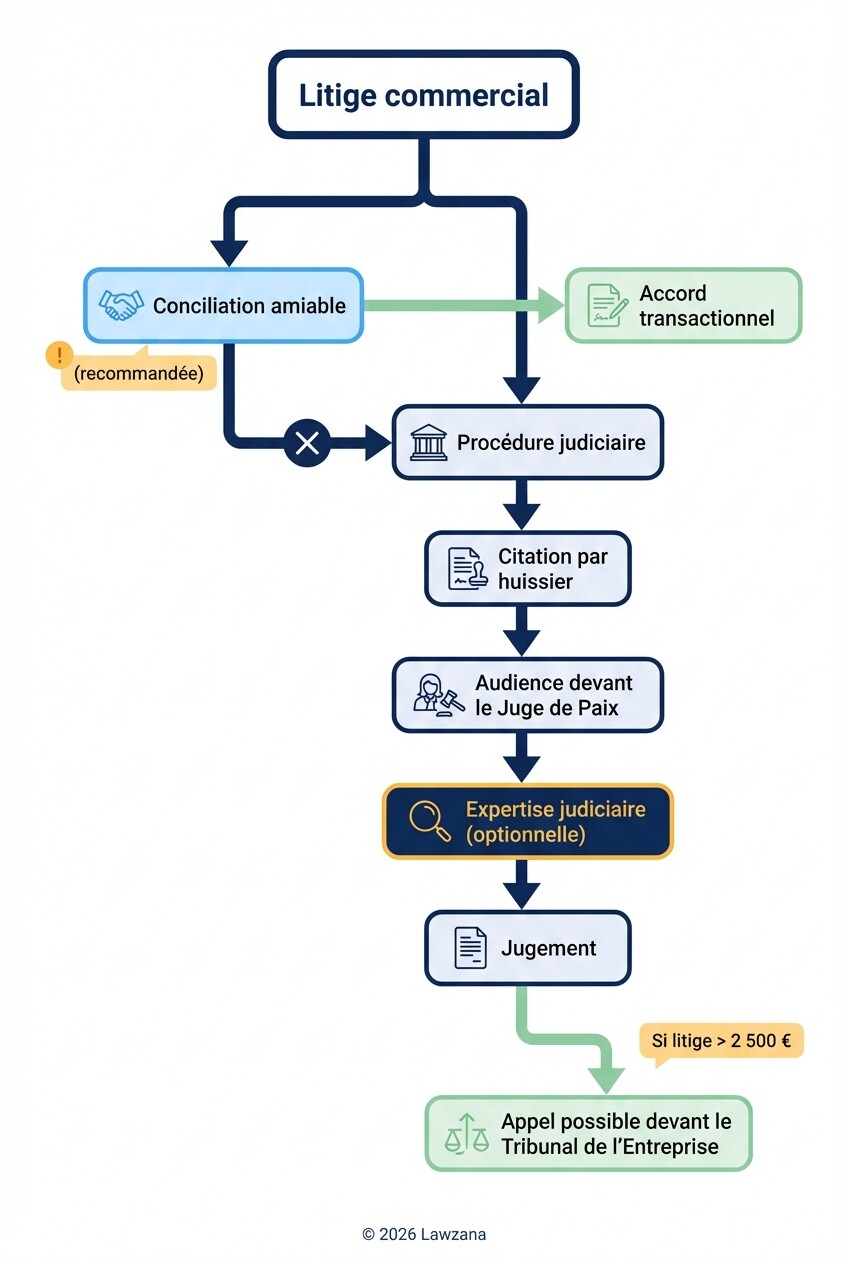 Schéma du processus de résolution d'un conflit de bail devant le Juge de Paix.